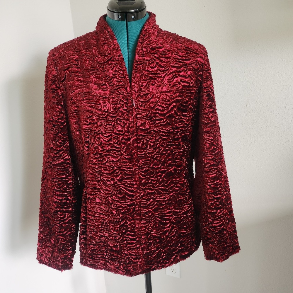 Dialogue Zip Up Jacket Womens 4 Maroon Swirl Textured Shimmer V Neck Pockets